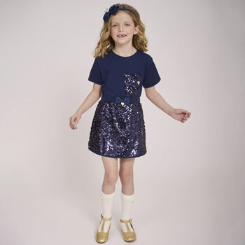 Girls Navy Blue Embellished Sequin Skirt