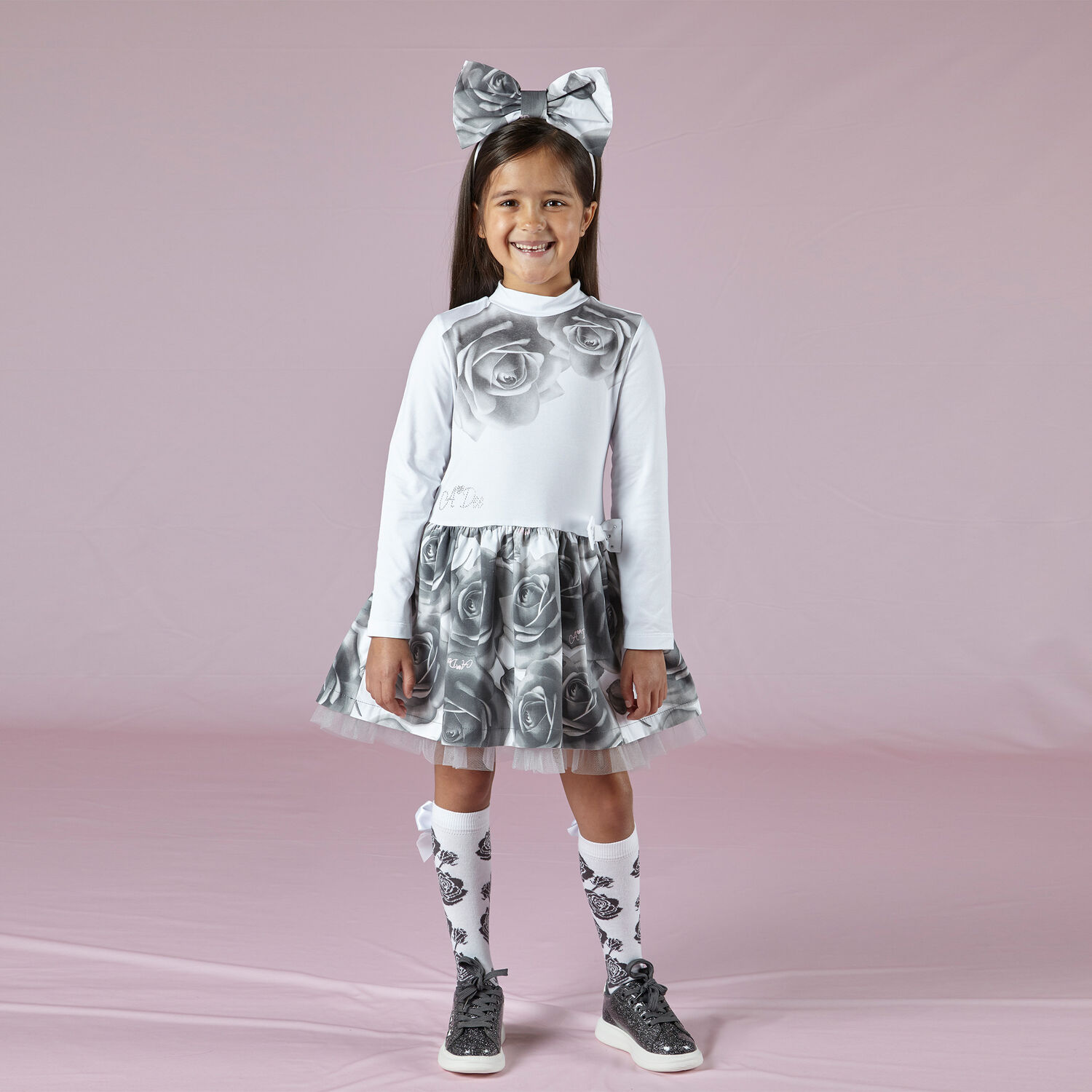 Girls White & Grey Rose Dress, 1, hi-res