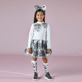 Girls White & Grey Rose Dress