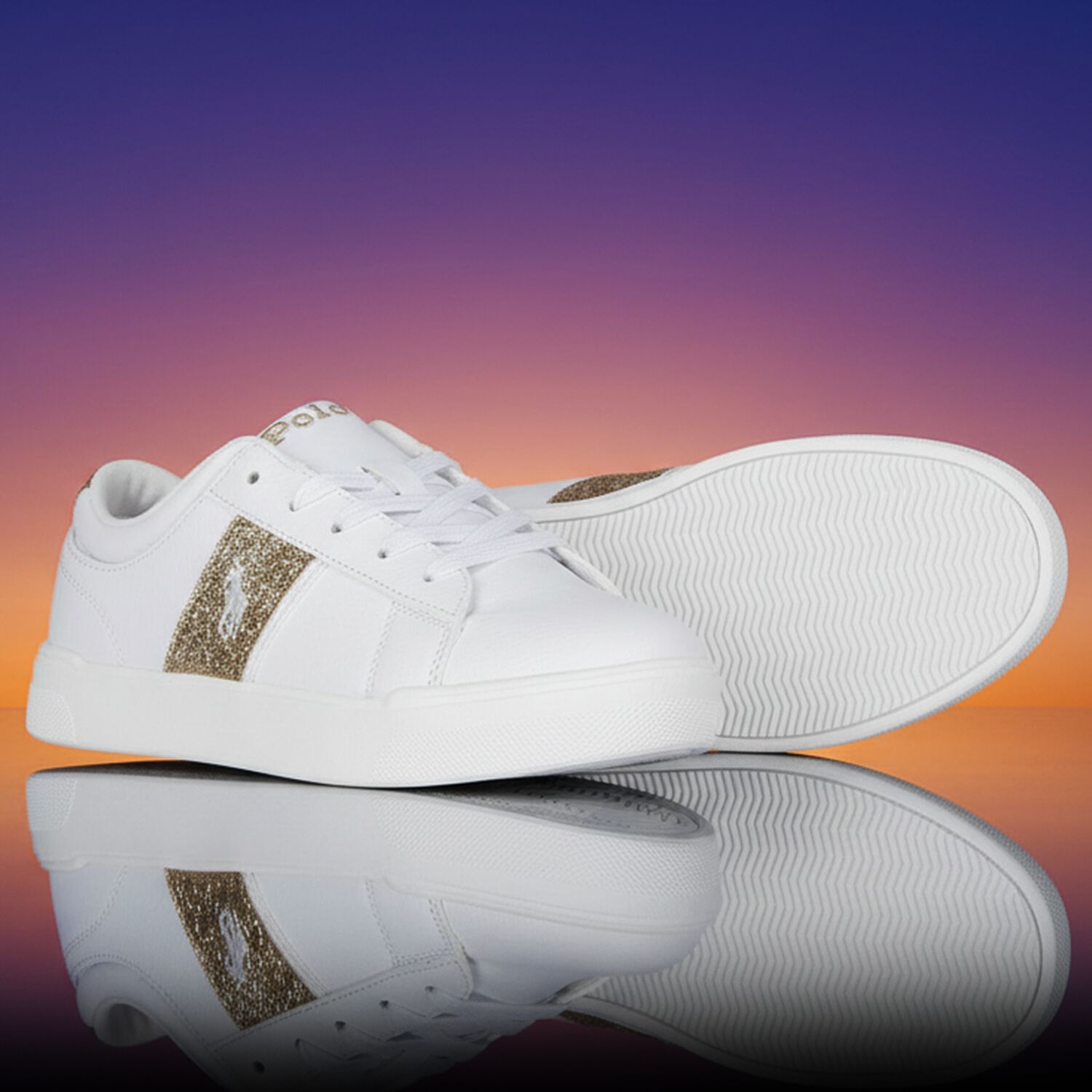 Girls White & Gold Logo Trainers, 1, hi-res