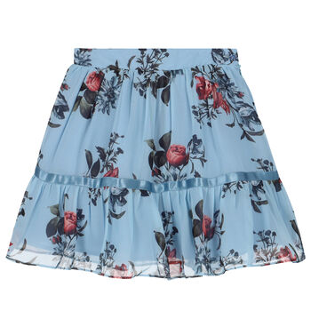 Girls Blue Floral Chiffon Skirt