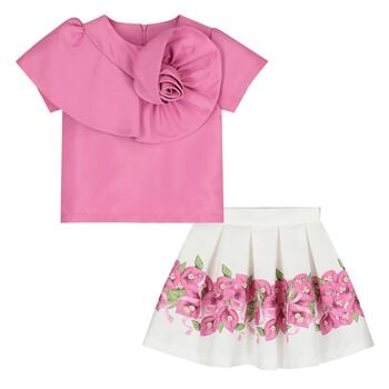 Girls Pink & White Floral Skirt Set