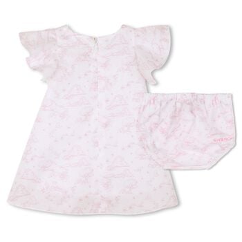 Baby Girls White & Pink Toile de Jouy Dress Set