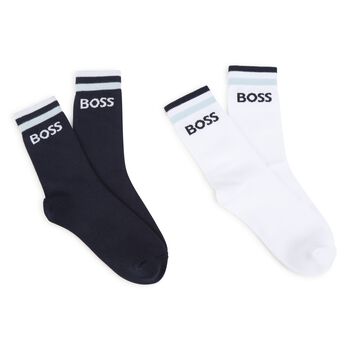 Boys White & Navy Blue Logo Socks ( 2-Pack )