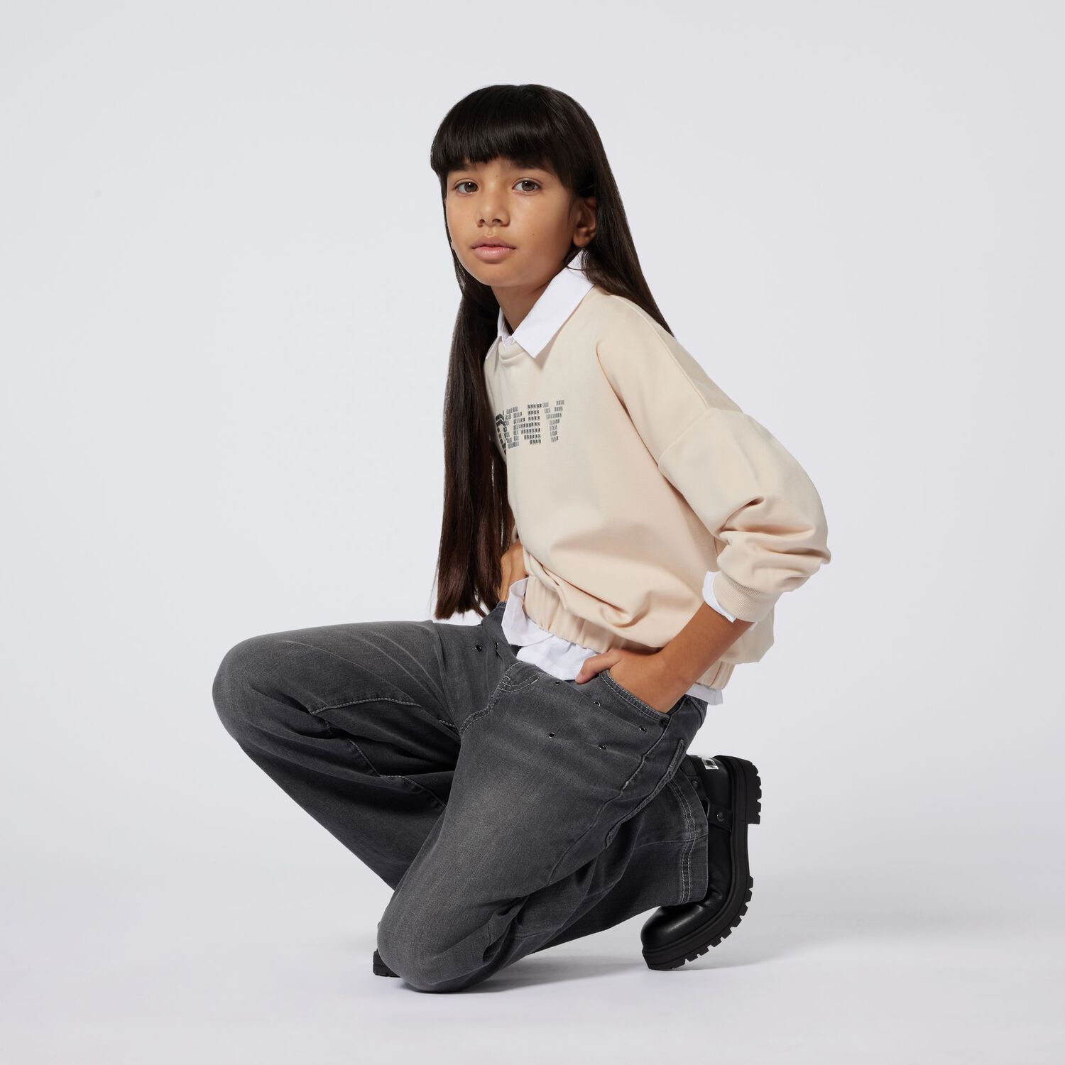 بنطلون جينز أسود بفتحات للبنات, 1, hi-res