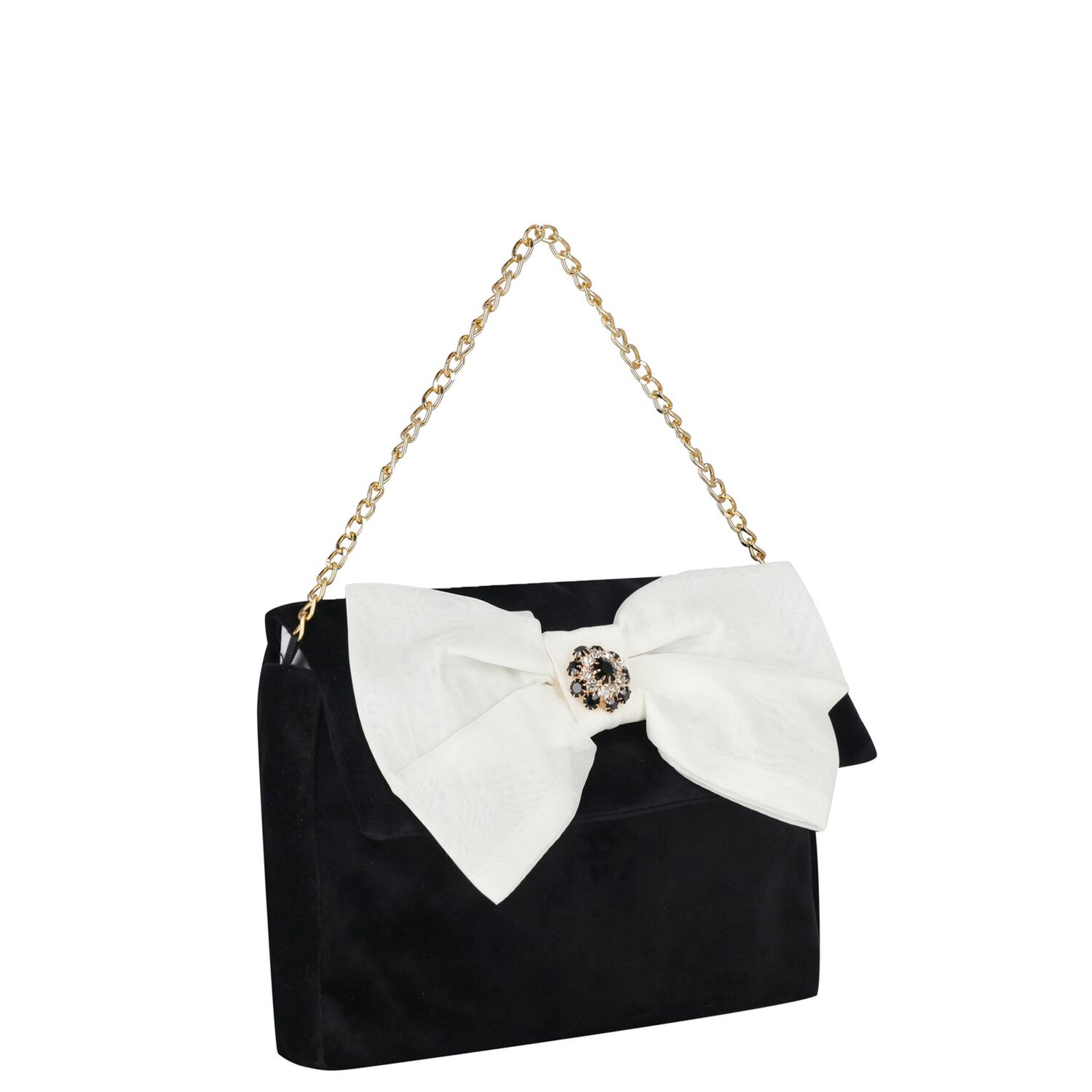 Girls Black & Ivory Bow Velvet Handbag ( 22CM ) , 1, hi-res