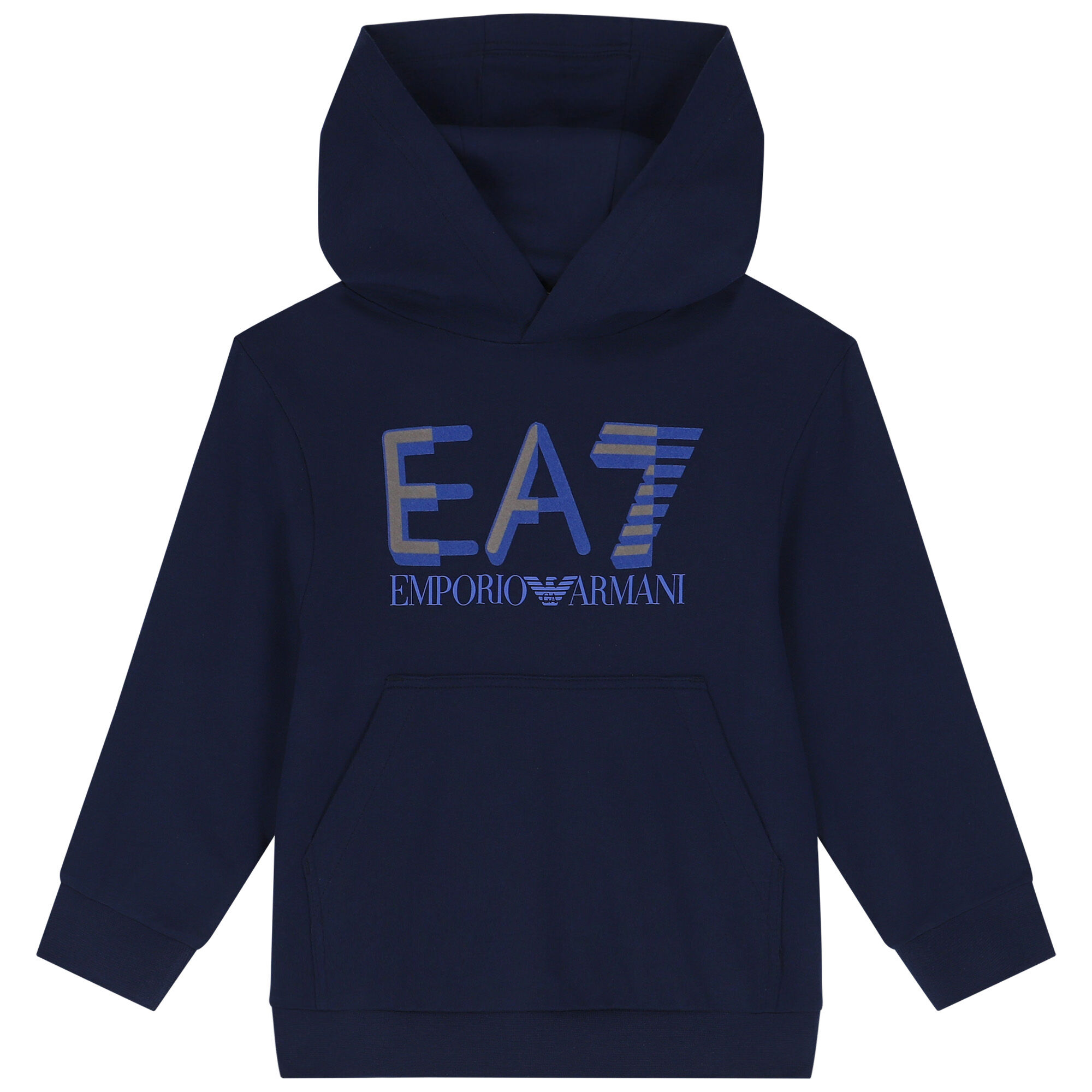 EA7 Emporio Armani Boys Navy Blue Logo Hooded Top Junior Couture UAE