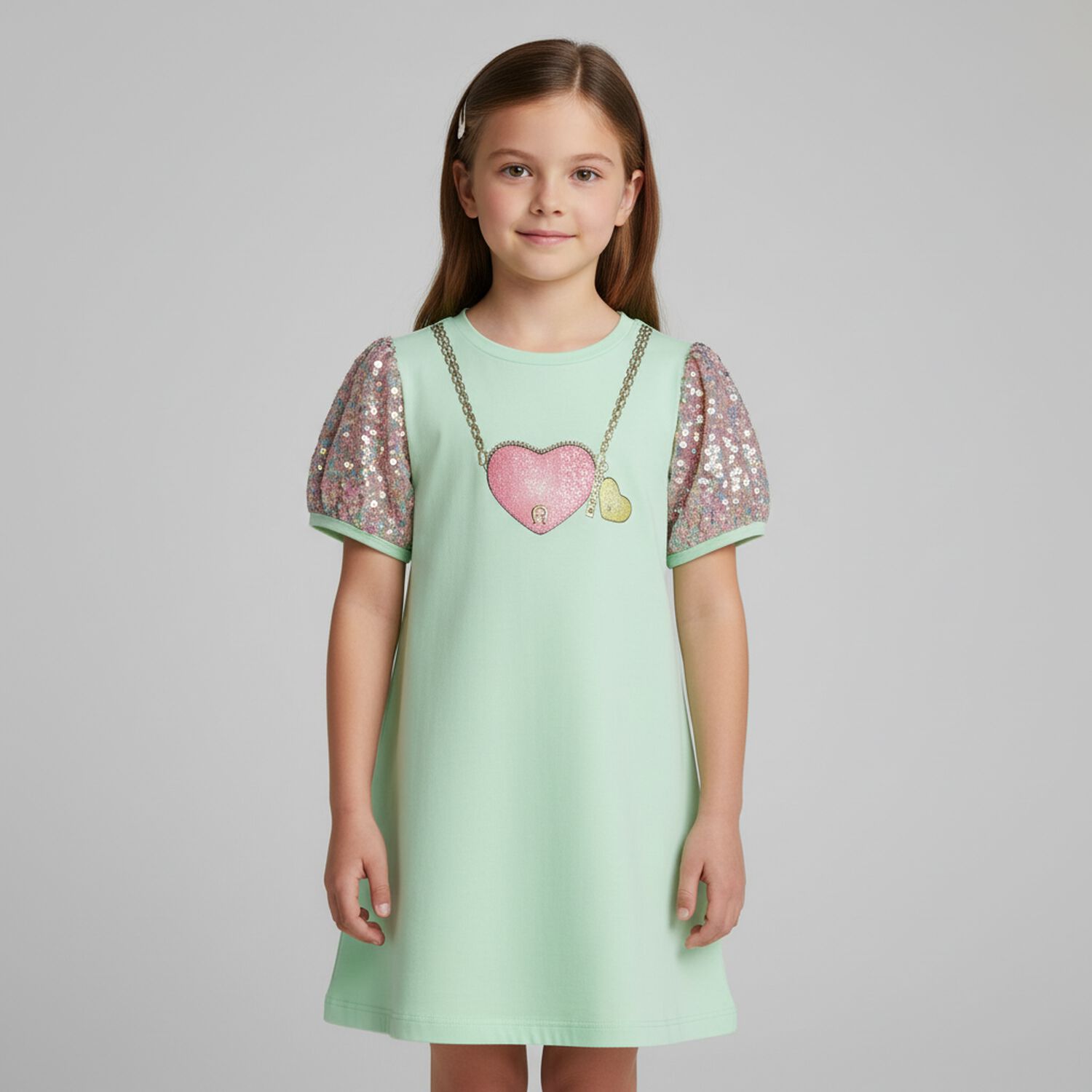 Girls Green Logo Heart Dress, 1, hi-res