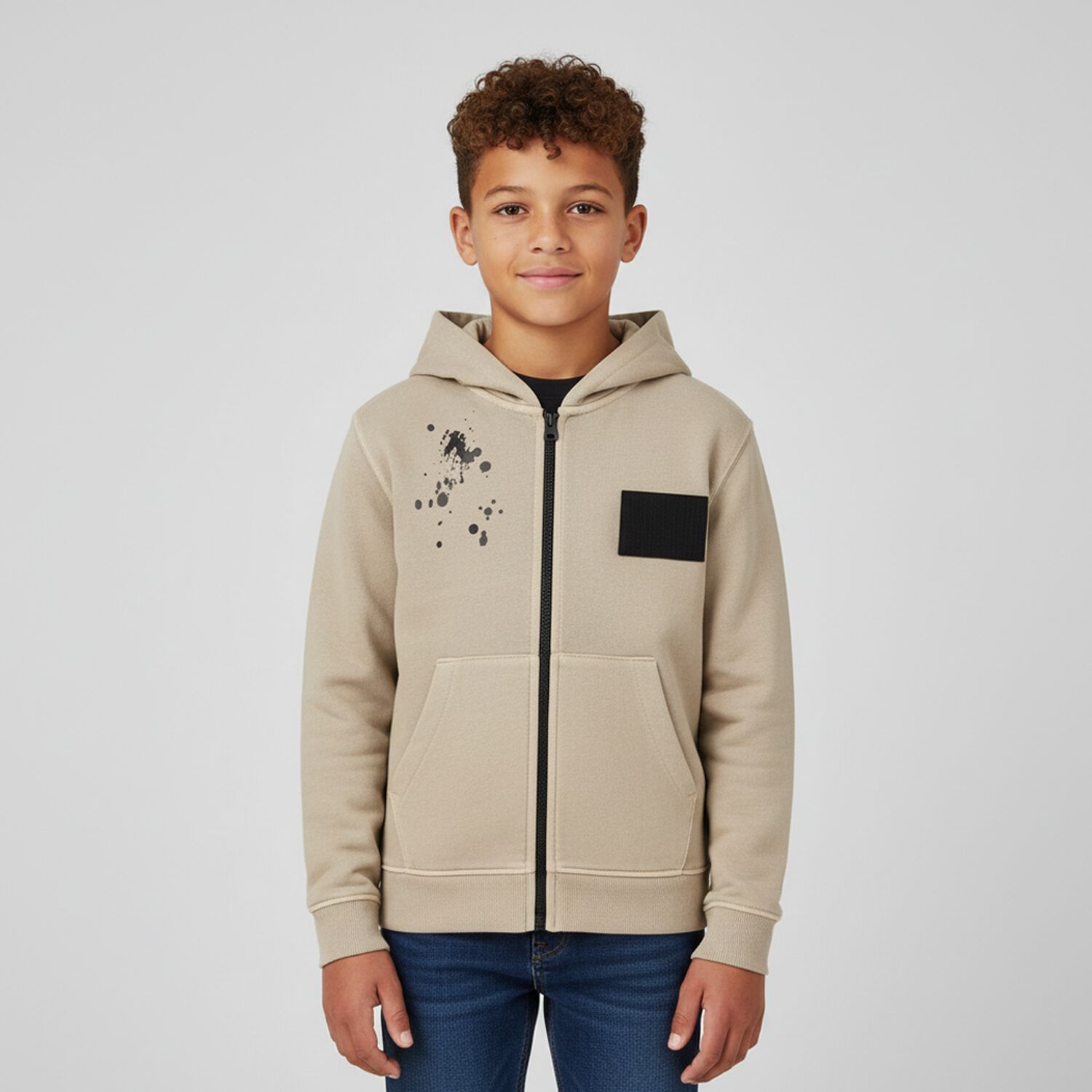 Boys Beige Logo Hooded Top, 1, hi-res