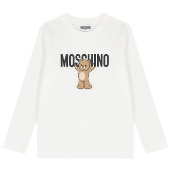 White Teddy Bear Logo Long Sleeve Top