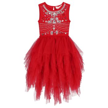 Girls Red Embellished Ruffled Tulle Dress 