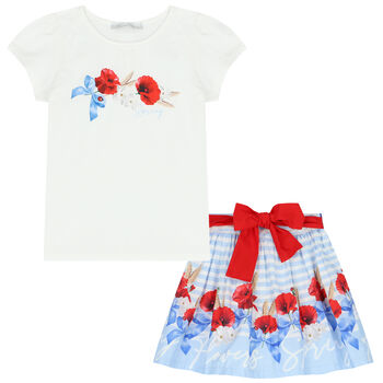 Girls Ivory & Blue Floral Skirt Set