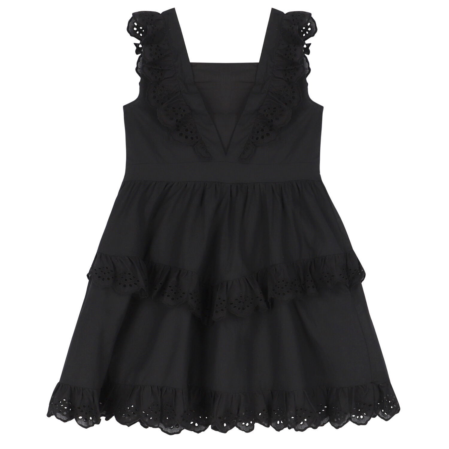Girls Black Broderie Anglaise Dress, 1, hi-res