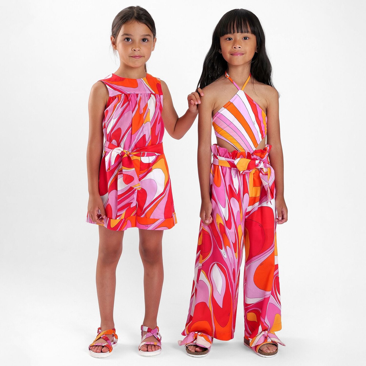 Girls Pink & Orange Bow Sliders, 1, hi-res