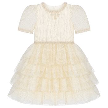 Girls Ivory & Gold Tiered Organza & Tulle Dress