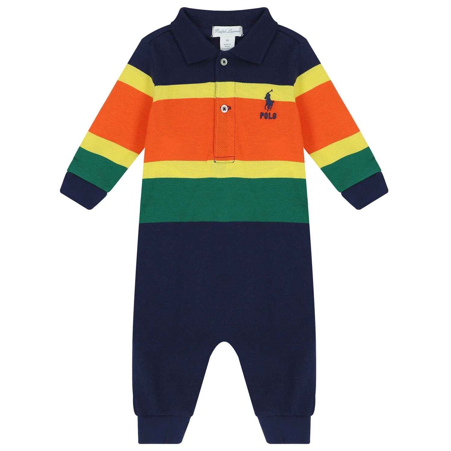 Baby Boys Navy, Orange & Green Polo Romper, 1, hi-res image number null