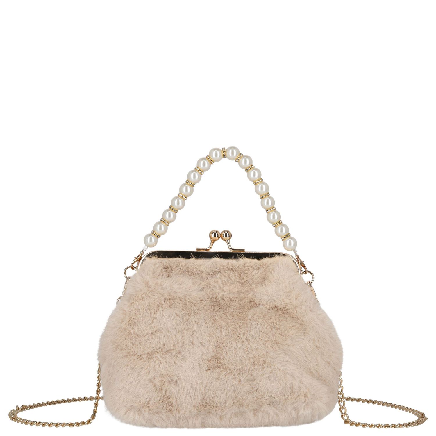Girls Beige Faux Fur Handbag, 3, hi-res