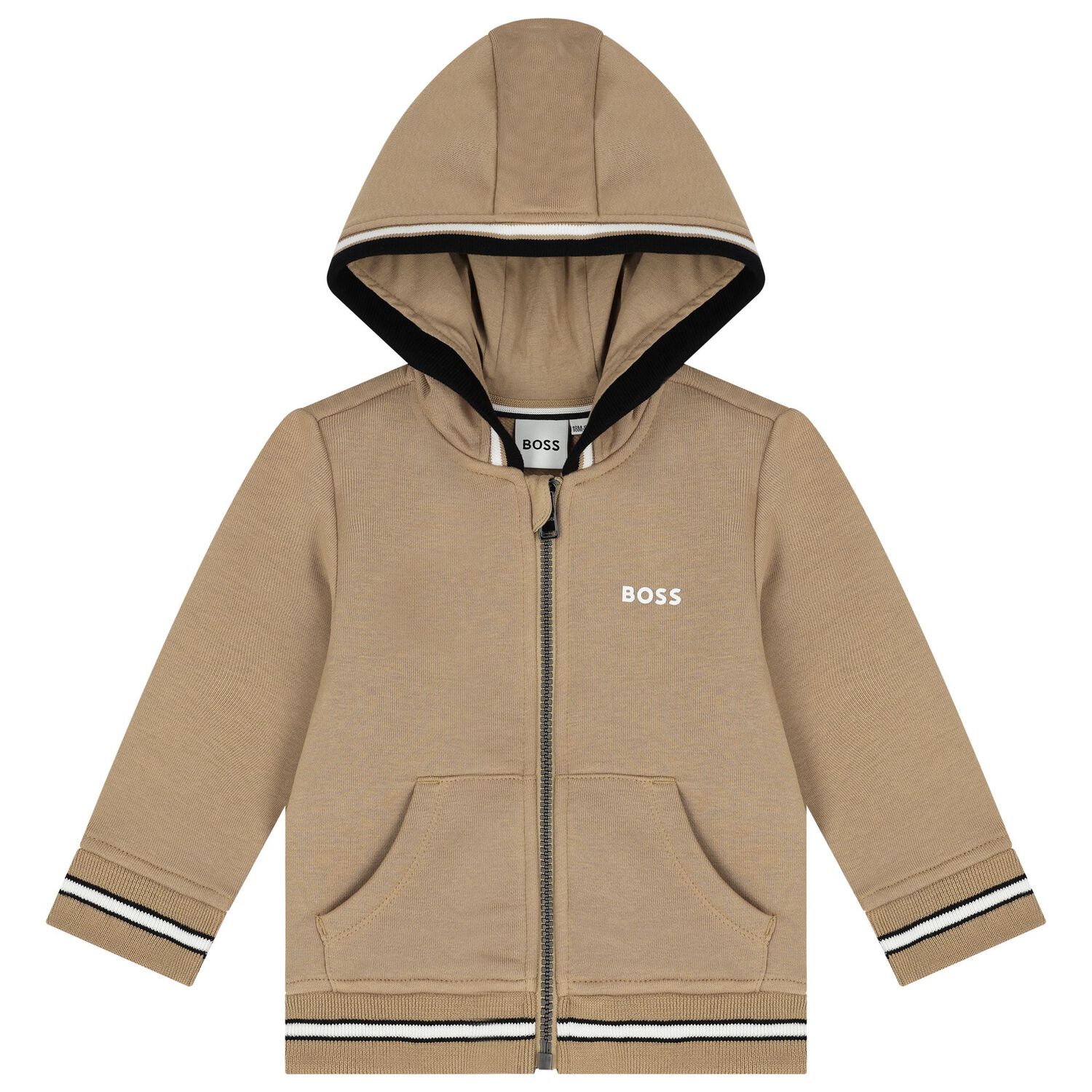 Younger Boys Beige Logo Hooded Zip Up Top, 2, hi-res image number null