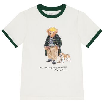 Ralph Lauren قميص بولو بشعار دب للأولاد باللون العاجي والأخضر, 1 قميص بولو بشعار دب للأولاد باللون العاجي والأخضر