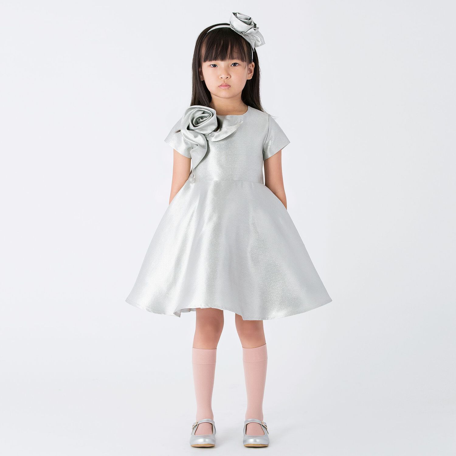 Girls Silver Rose Satin Dress, 1, hi-res image number null