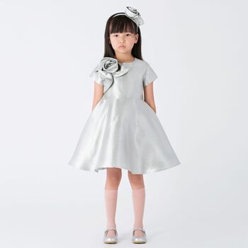 Girls Silver Rose Satin Dress