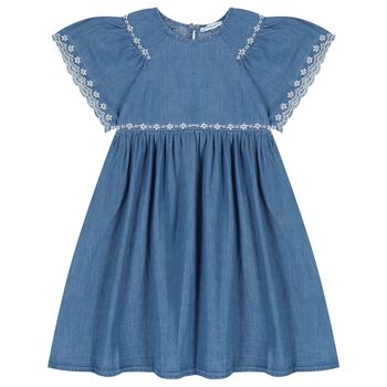 Girls Denim Blue Floral Lace Dress