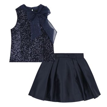 Girls Navy Blue Bow Sequin Skirt Set