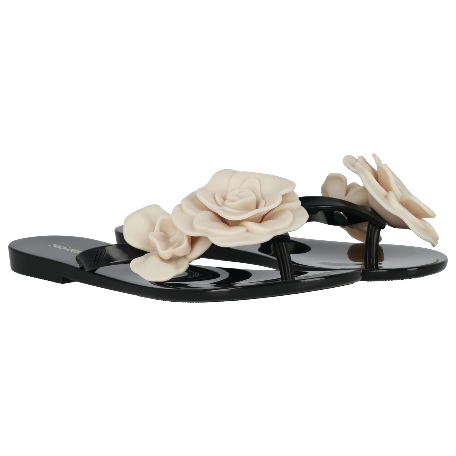 Girls Black & Beige Logo Flower Flip Flops, 2, hi-res