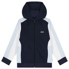Boys Navy Blue, Blue & White Logo Hooder me d Zip Up Top, 4, hi-res