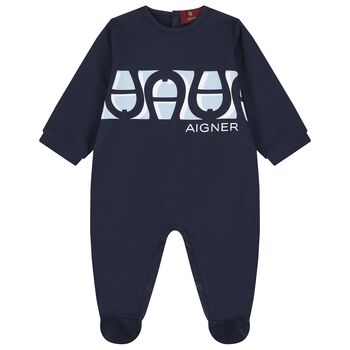 Baby Boys Navy Blue Logo Babygrow