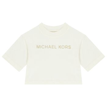 قميص بنات بشعار باللونين الأبيض والذهبي