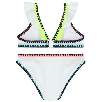Girls White Ruffled & Embroidered Bikini