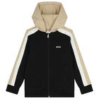 Boys Black Logo Hooded Zip Up Top, 1, hi-res