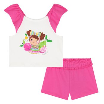 Younger Girls White & Pink Shorts Set