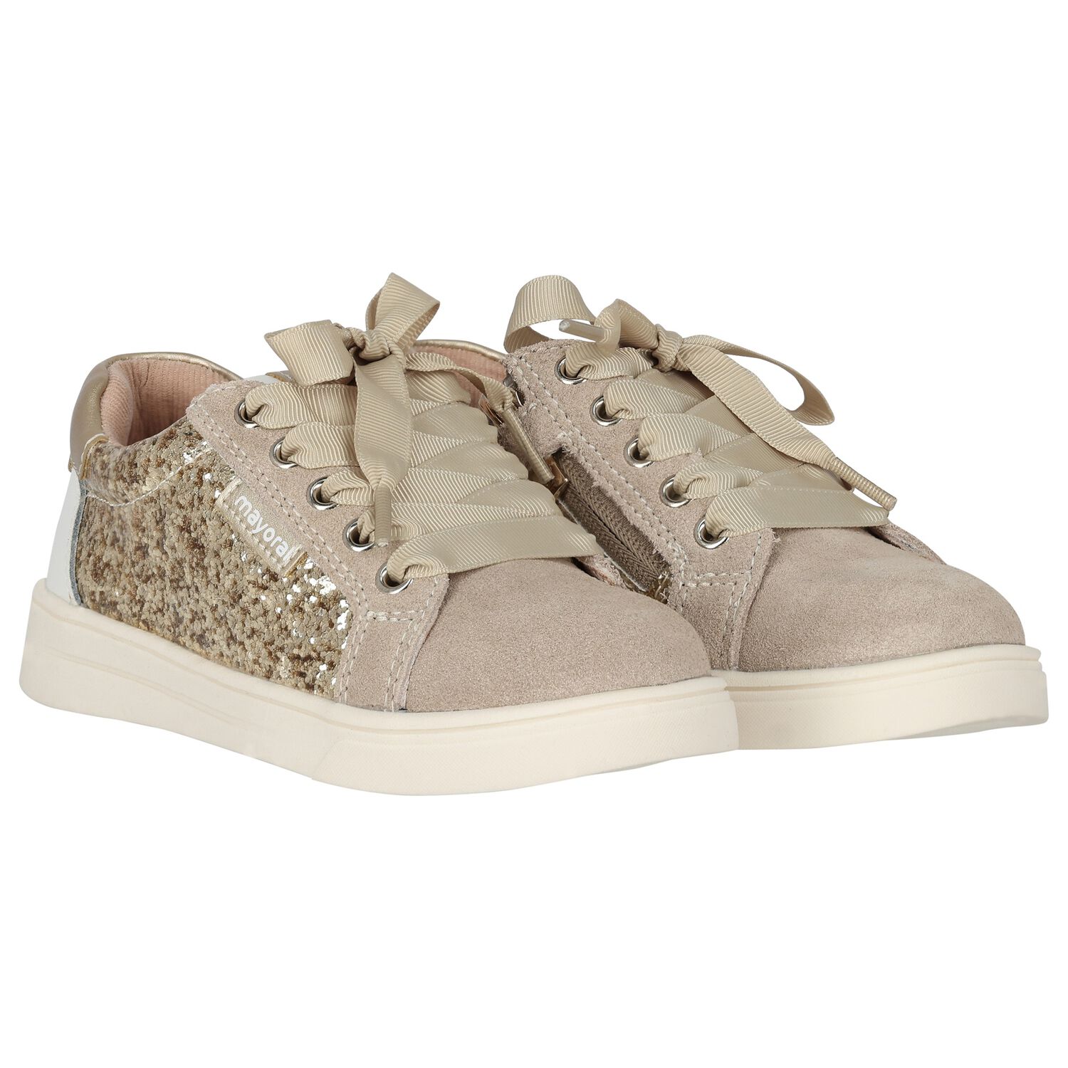  حذاء رياضي للبنات بشعار لامع باللون الذهبي, 1, hi-res