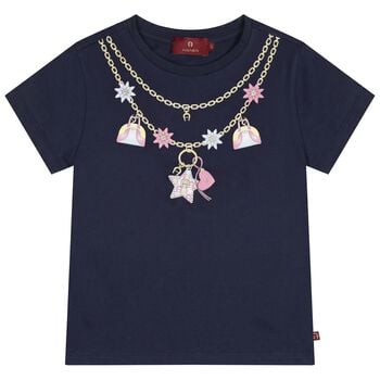 Girls Navy Blue Necklace Logo T-Shirt