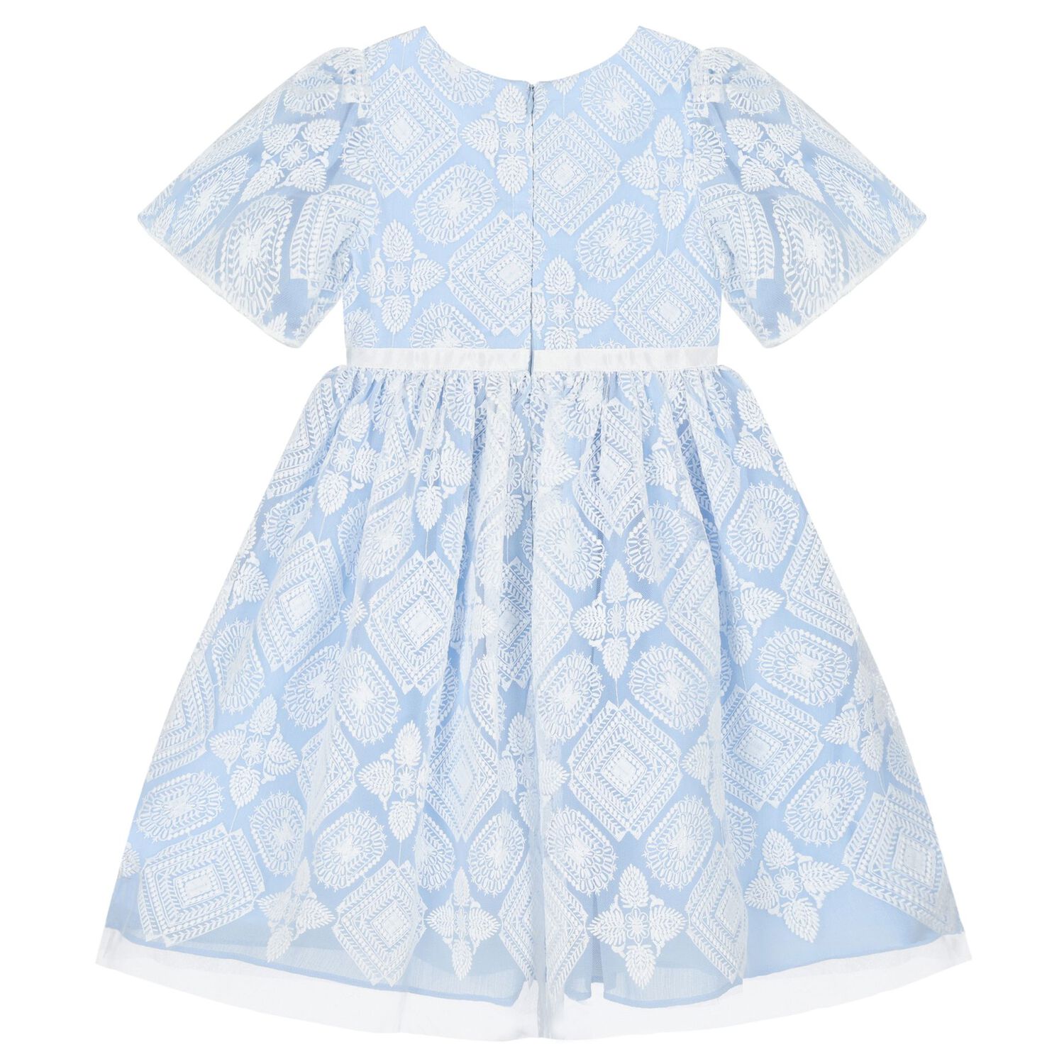 Girls Blue & White Embroidered Tulle Dress, 1, hi-res image number null