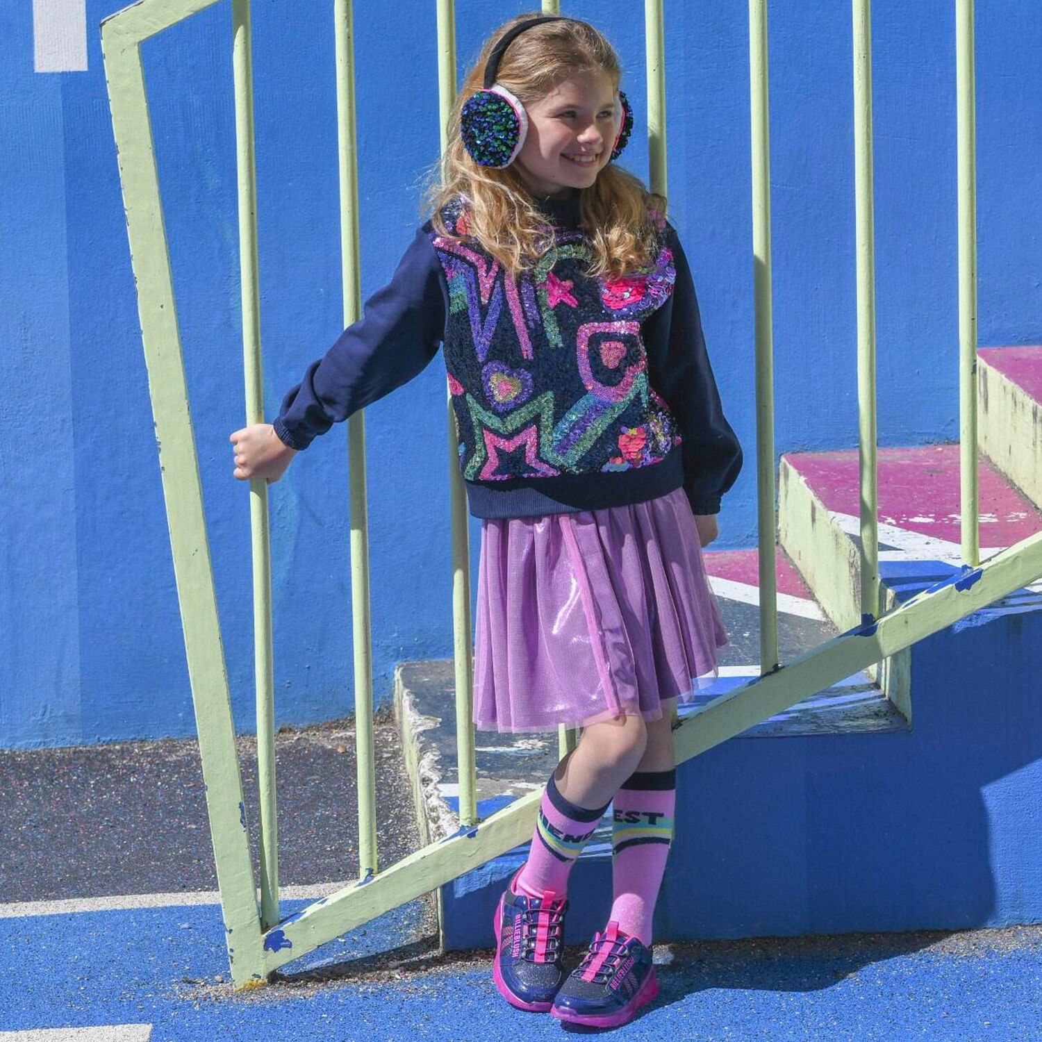 تنورة بنات شبكية بالشعار باللون الوردى, 1, hi-res