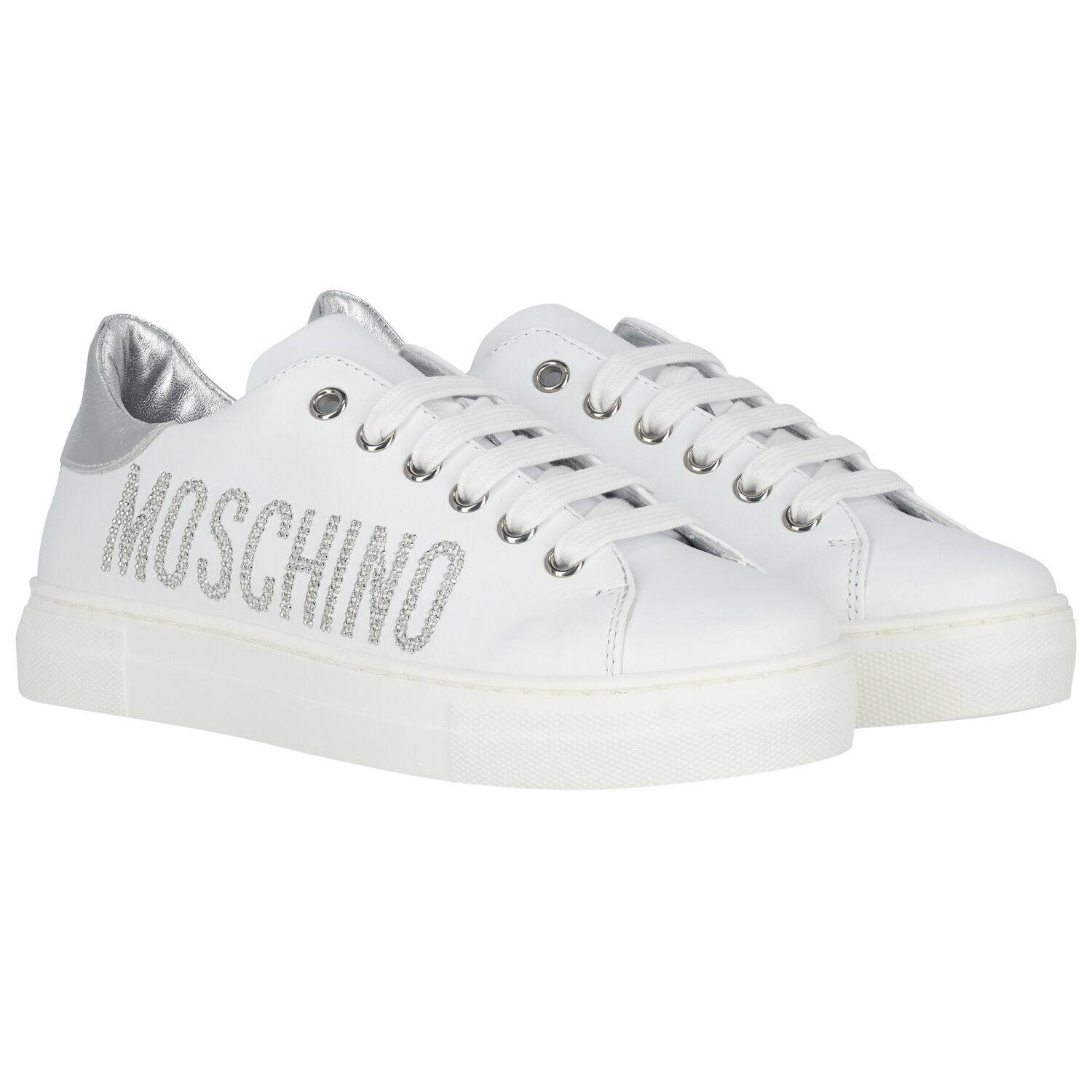 Girls White & Silver Logo Trainers, 1, hi-res