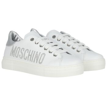 Girls White & Silver Logo Trainers