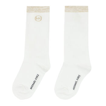 Girls White & Gold Logo Socks