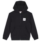 Boys Black Logo Hooded Zip Up Top, 1, hi-res