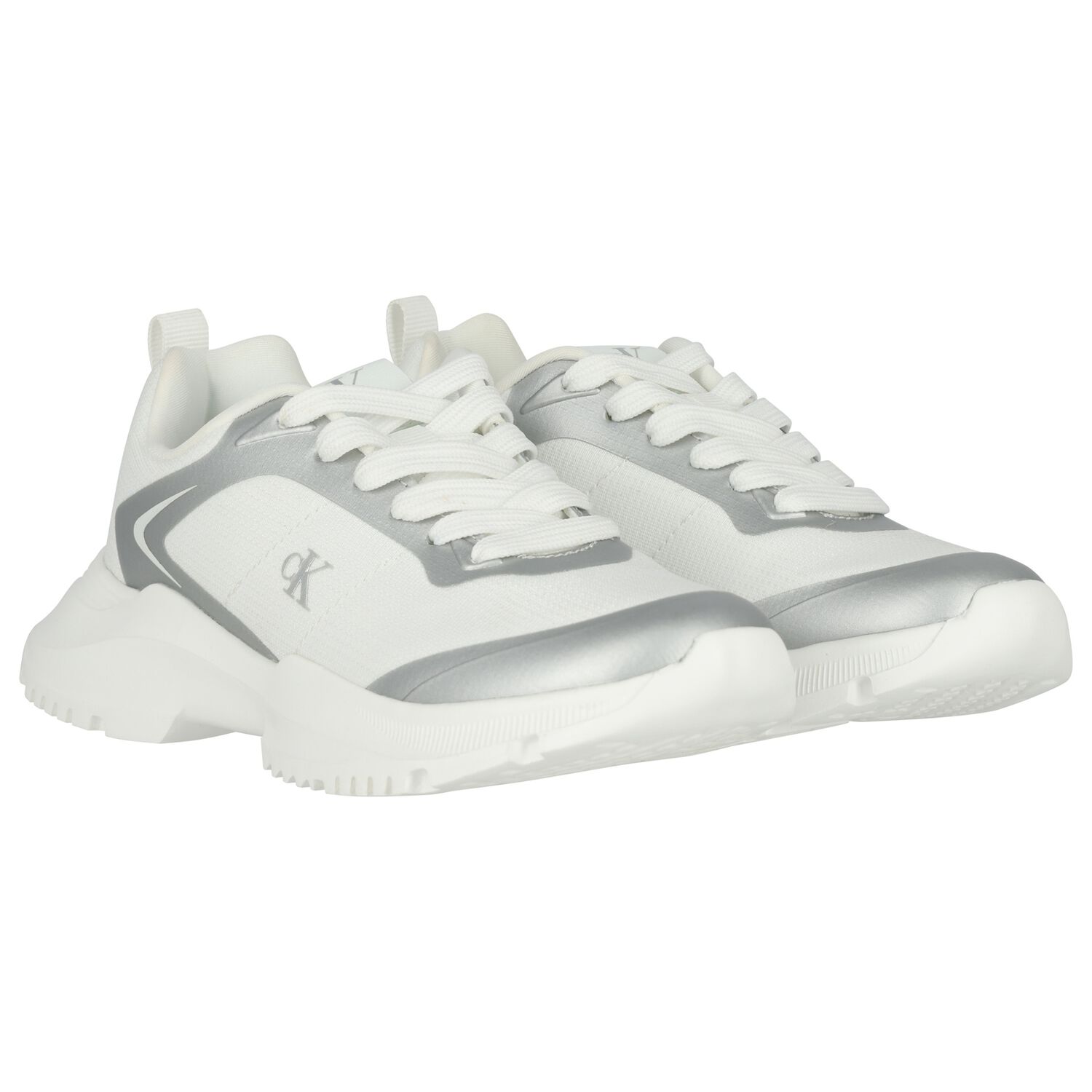 White & Silver Logo Trainers, 1, hi-res