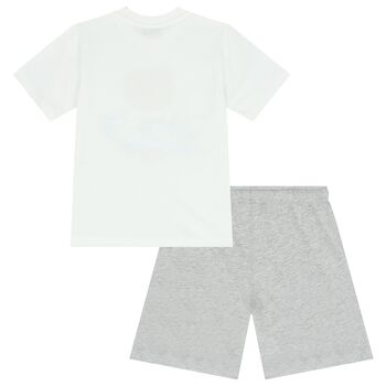 Boys White & Grey Teddy Bear Logo Shorts Set