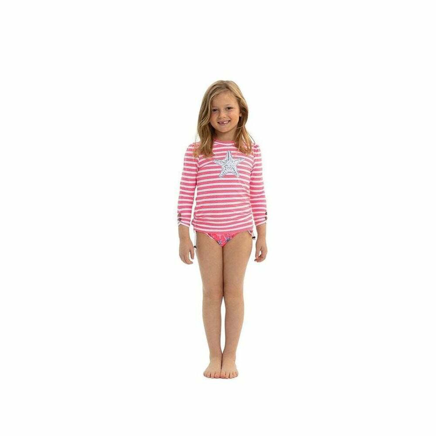 Girls Neon Pink Starfish Long Sleeve Rash Vest, 1, hi-res image number null