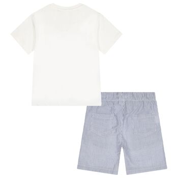 Boys White & Blue Striped Shorts Set