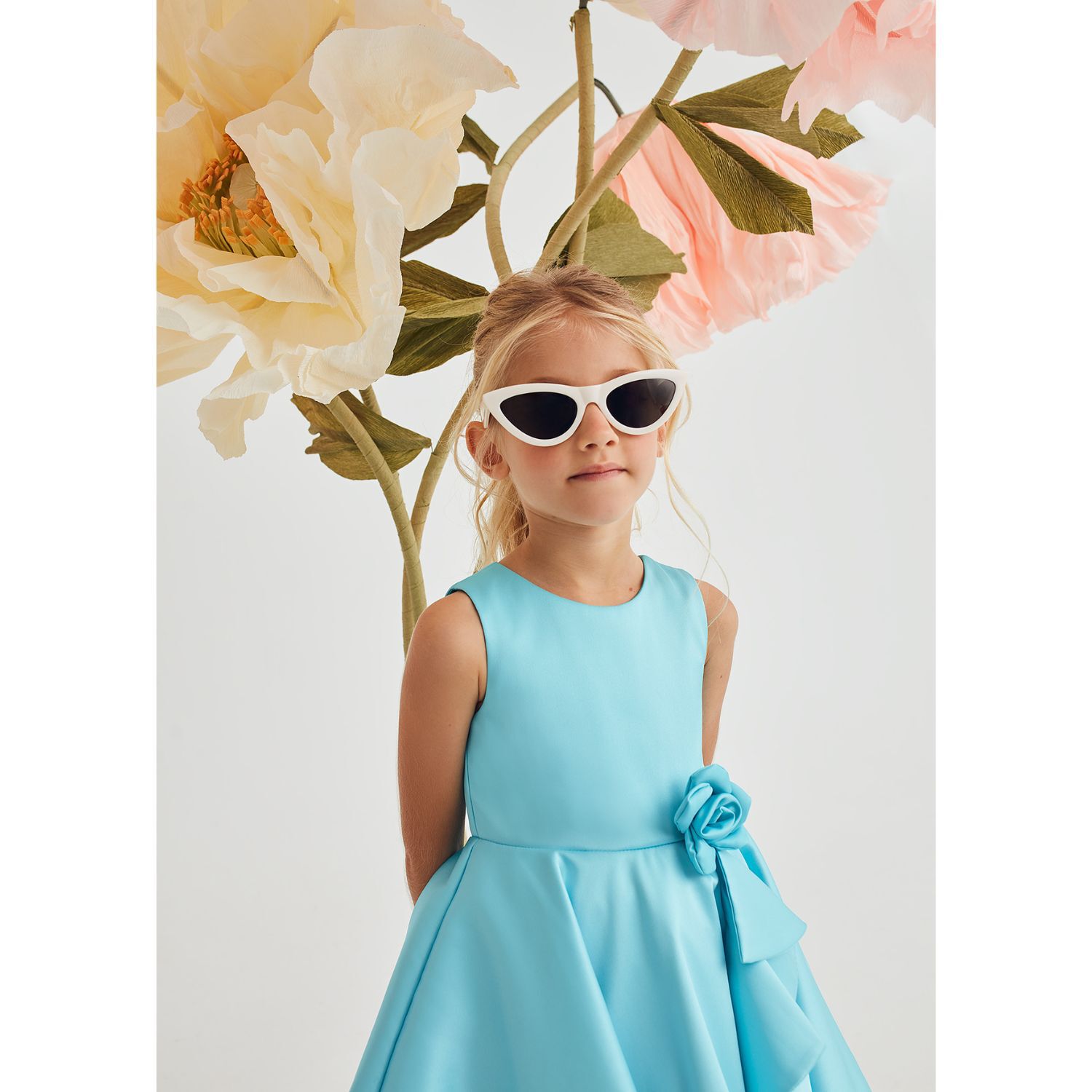 Girls Blue Flower Satin Dress, 1, hi-res image number null