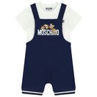 White & Navy Blue Teddy Bear Logo Dungaree Set, 1, hi-res
