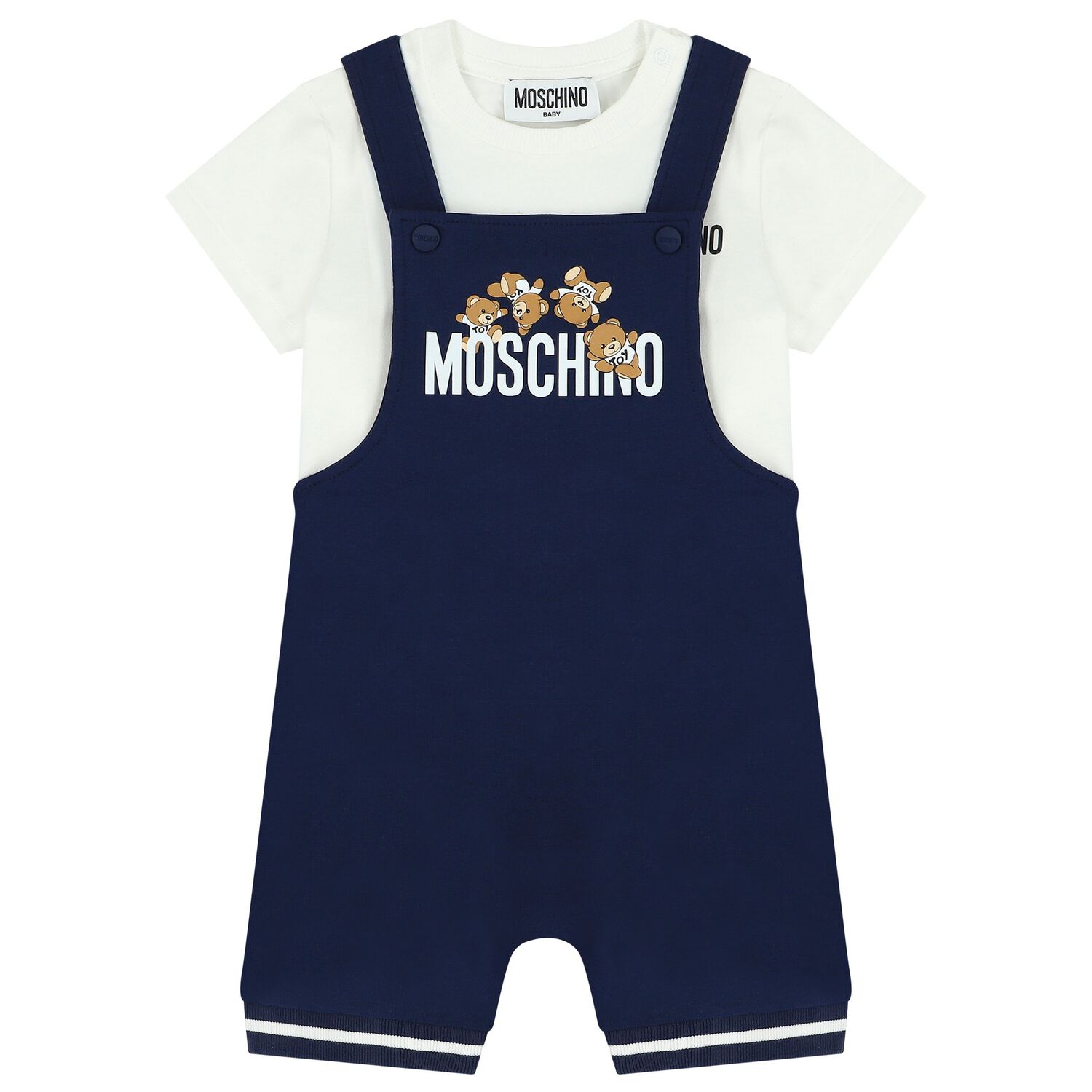 White & Navy Blue Teddy Bear Logo Dungaree Set, 1, hi-res
