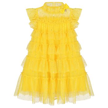 Girls Yellow Embellished Tiered Tulle Dress